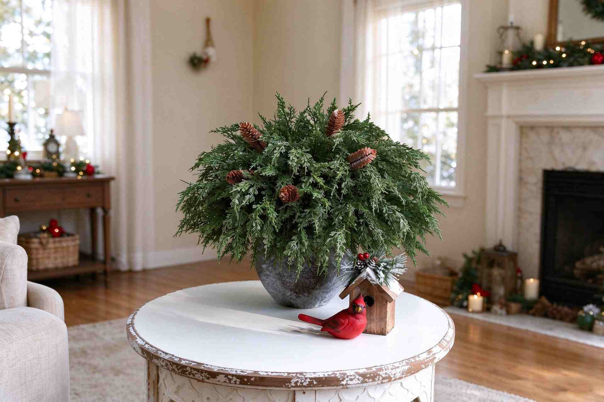 Artificial cedar greenery bush with pinecones on round table in cozy american christmas living room.