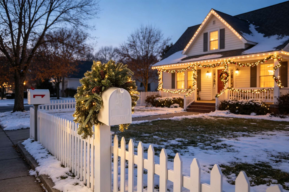Artificial lighted christmas mailbox swag with pine and pinecones on white mailbox by picket fence in snowy yard with lit house at dusk for cozy neighborhood holiday decor