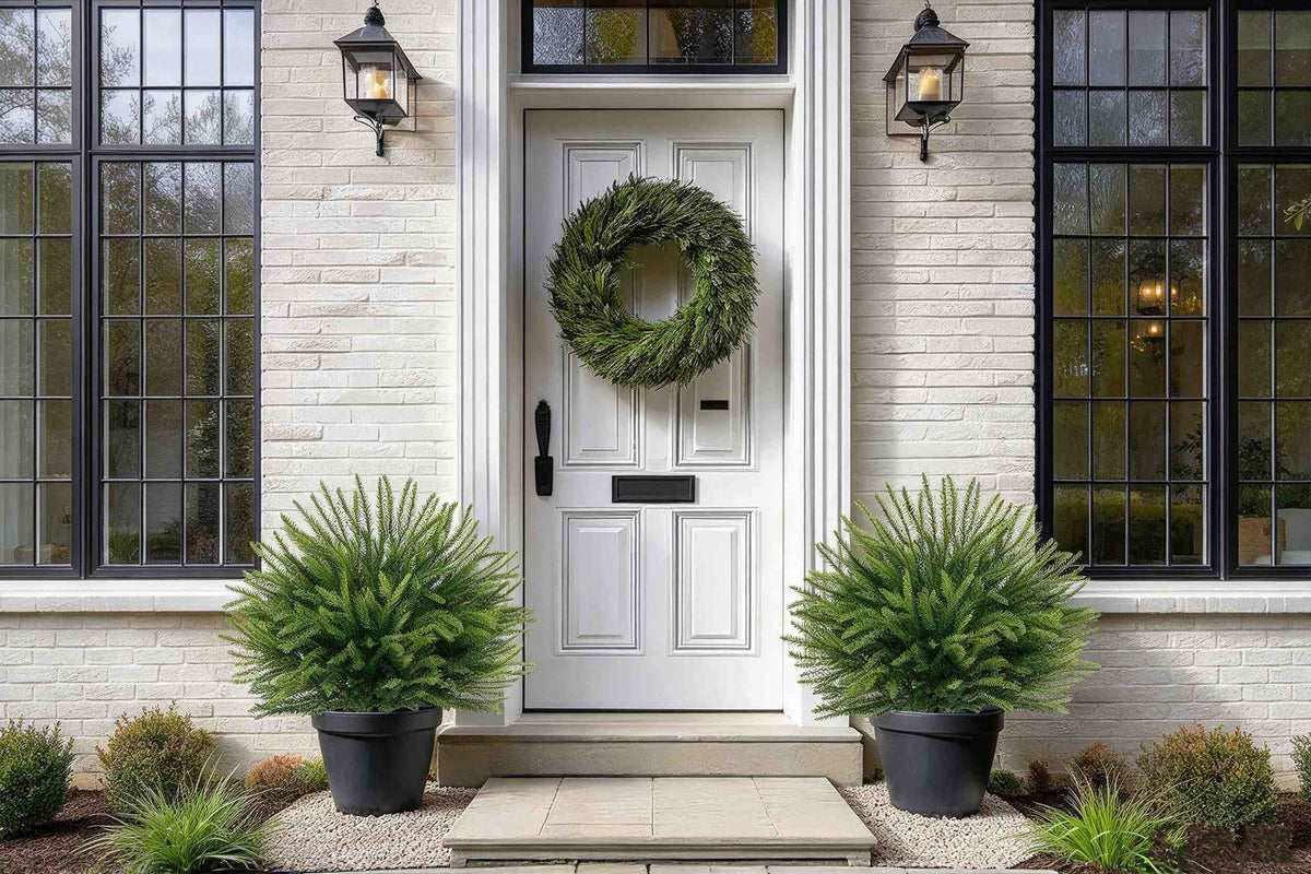 Two artificial christmas topiary green pine in black planters by white door with wreath for classic outdoor holiday decor