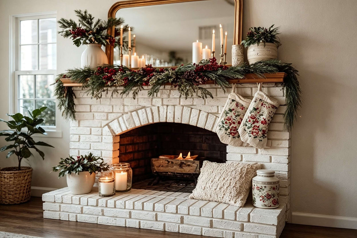 Artificial mixed evergreen garland with red berries and white flowers on white brick fireplace mantel with gold mirror candles and floral stockings for cozy rustic christmas decor