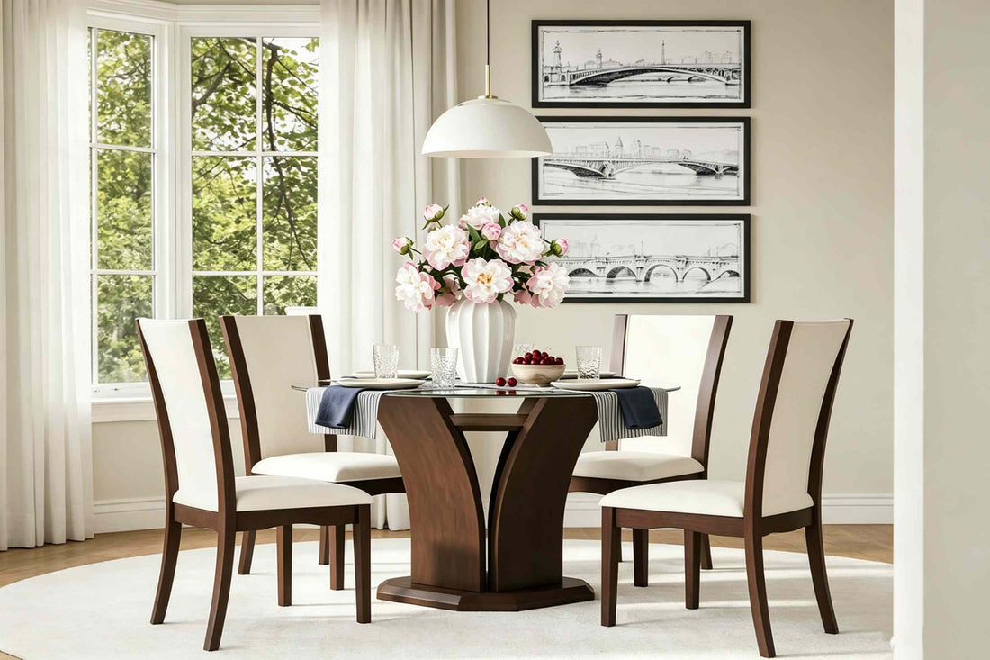 Artificial pink and white peony flowers in fluted white vase for modern dining room table decor