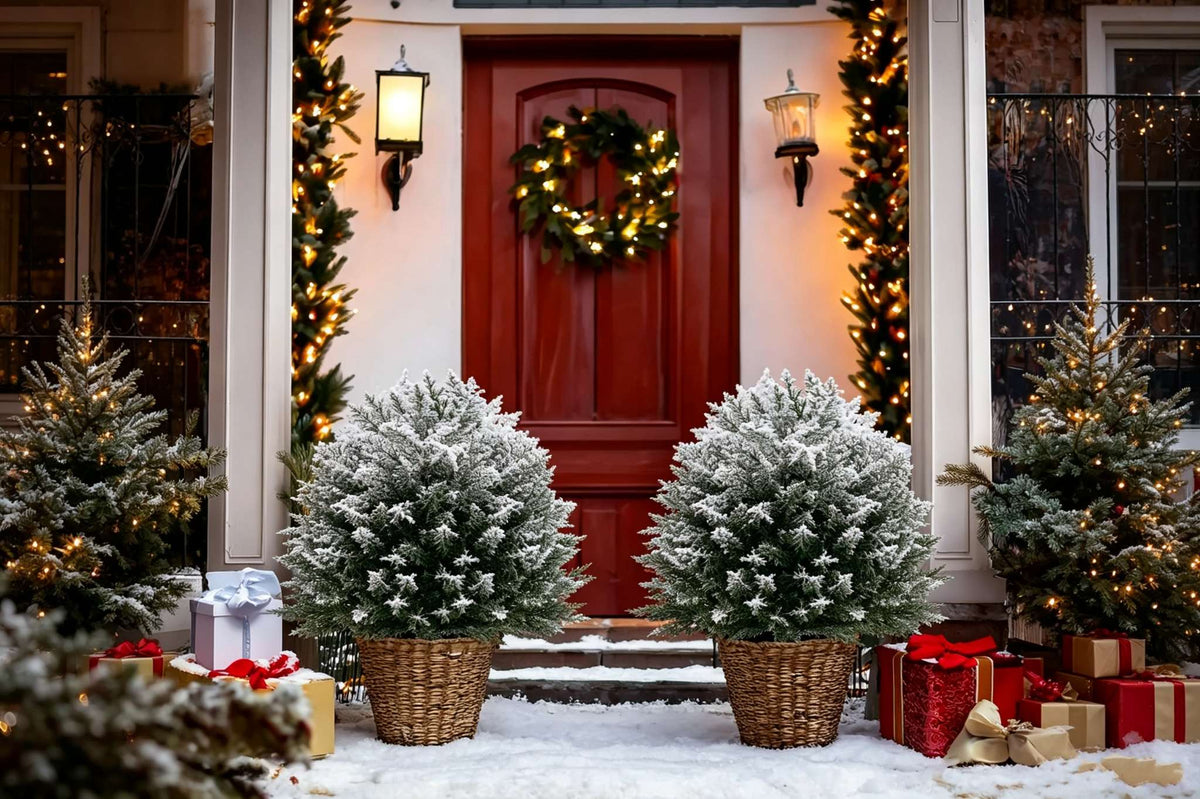 Two artificial snow flocked cedar shrubs in wicker baskets by red front door with wreath on snowy porch for christmas decor