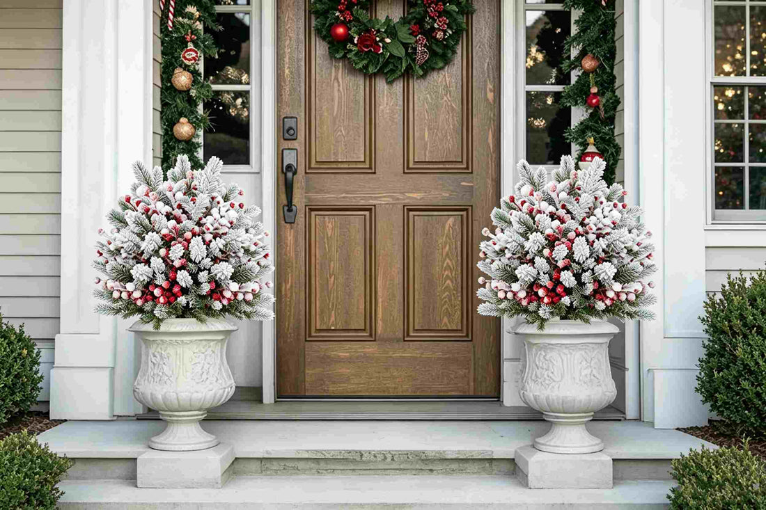 Two artificial snow flocked pine with red berries in white urn planters flanking brown wood door with green garland wreath and boxwood shrubs for charming farmhouse christmas outdoor porch decor