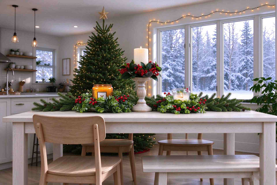 Group of assorted christmas candle rings with greenery and berries, styled on large white dining table in bright snowy kitchen