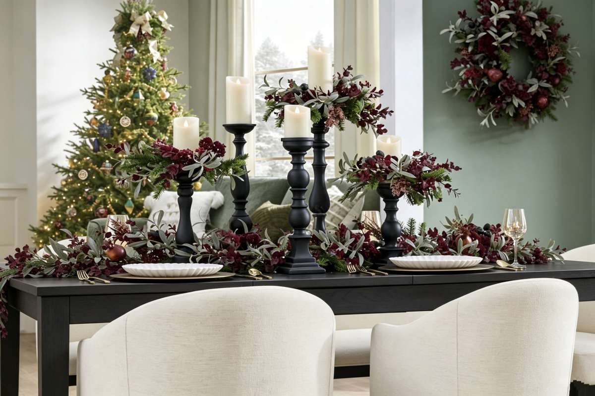 Elegant Christmas dining table centerpiece with black candle holders, burgundy florals and lit pillar candles