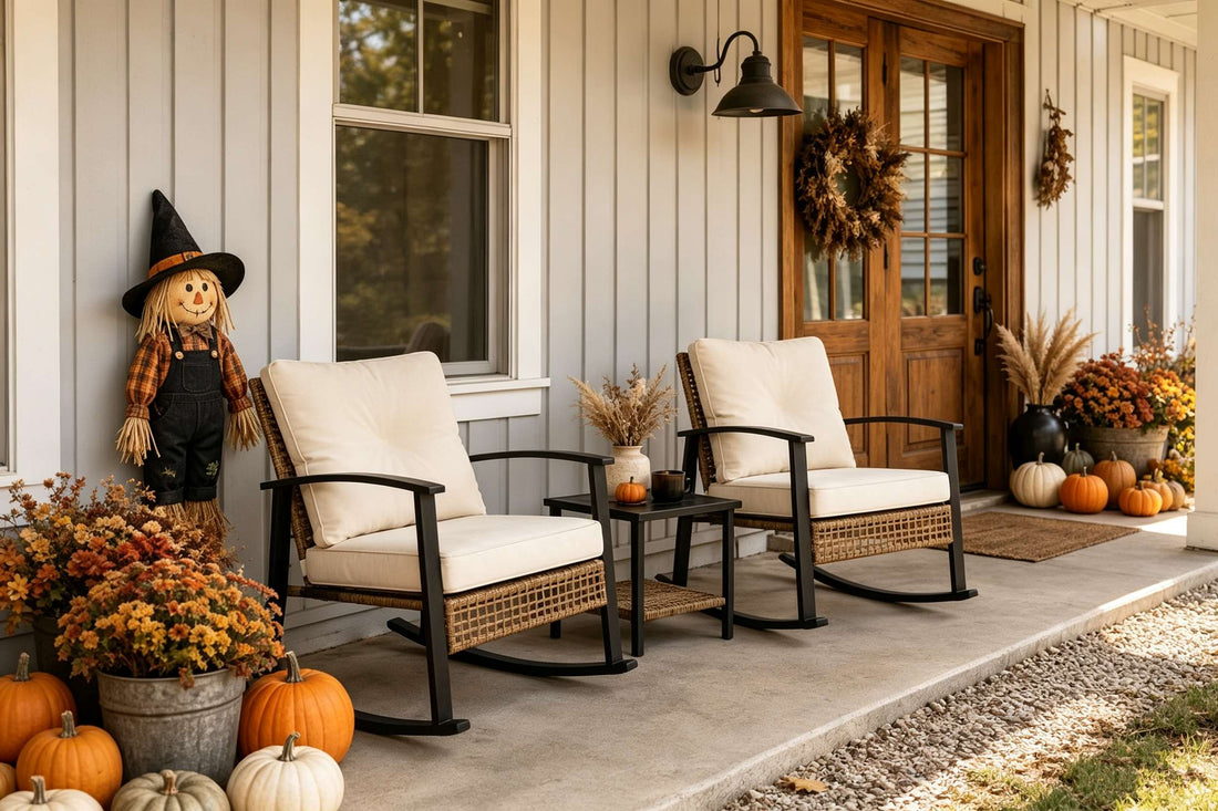 Cozy fall porch decor with wicker rocking chairs, scarecrow, pumpkins and autumn mums for seasonal farmhouse curb appeal