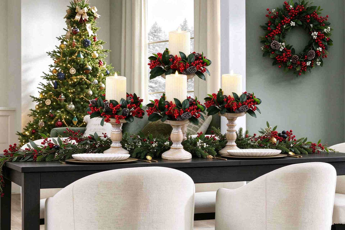 Elegant farmhouse christmas dining table styled with multiple red berry candle rings and matching wall wreath.