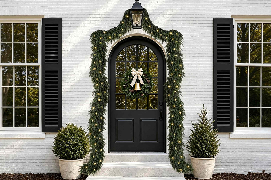 Lit artificial cypress garland and wreath with cream bow and gold bell, festive Christmas decor for arched front door