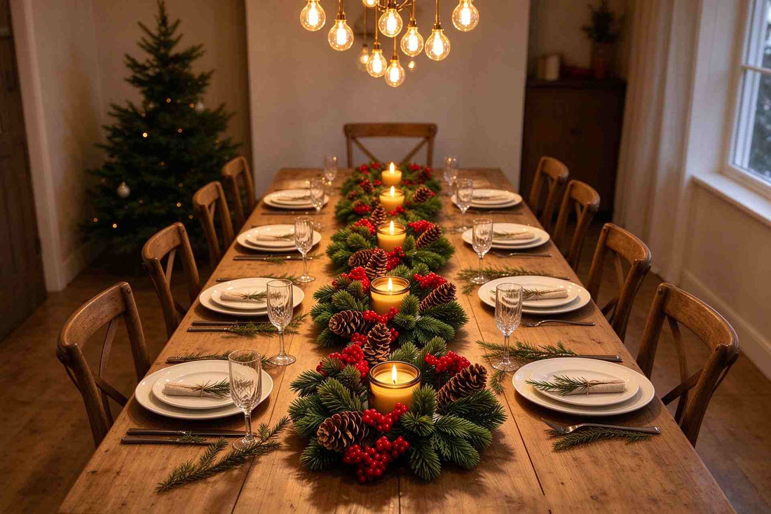 Long farmhouse dining table christmas centerpiece, series of candle rings with pine foliage and bright red berries