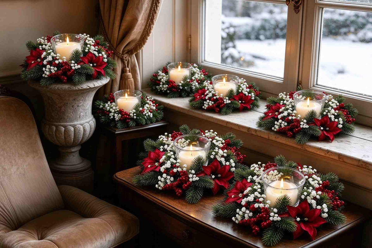 Set of artificial christmas candle rings with red poinsettia, pine sprigs and berries arranged along snowy window sill