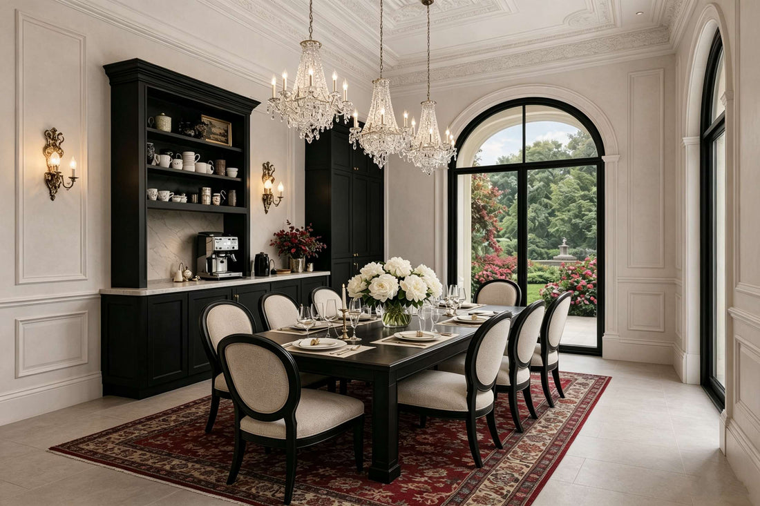 Elegant formal dining room with white peony artificial flower centerpiece, crystal chandeliers and black wood dining table