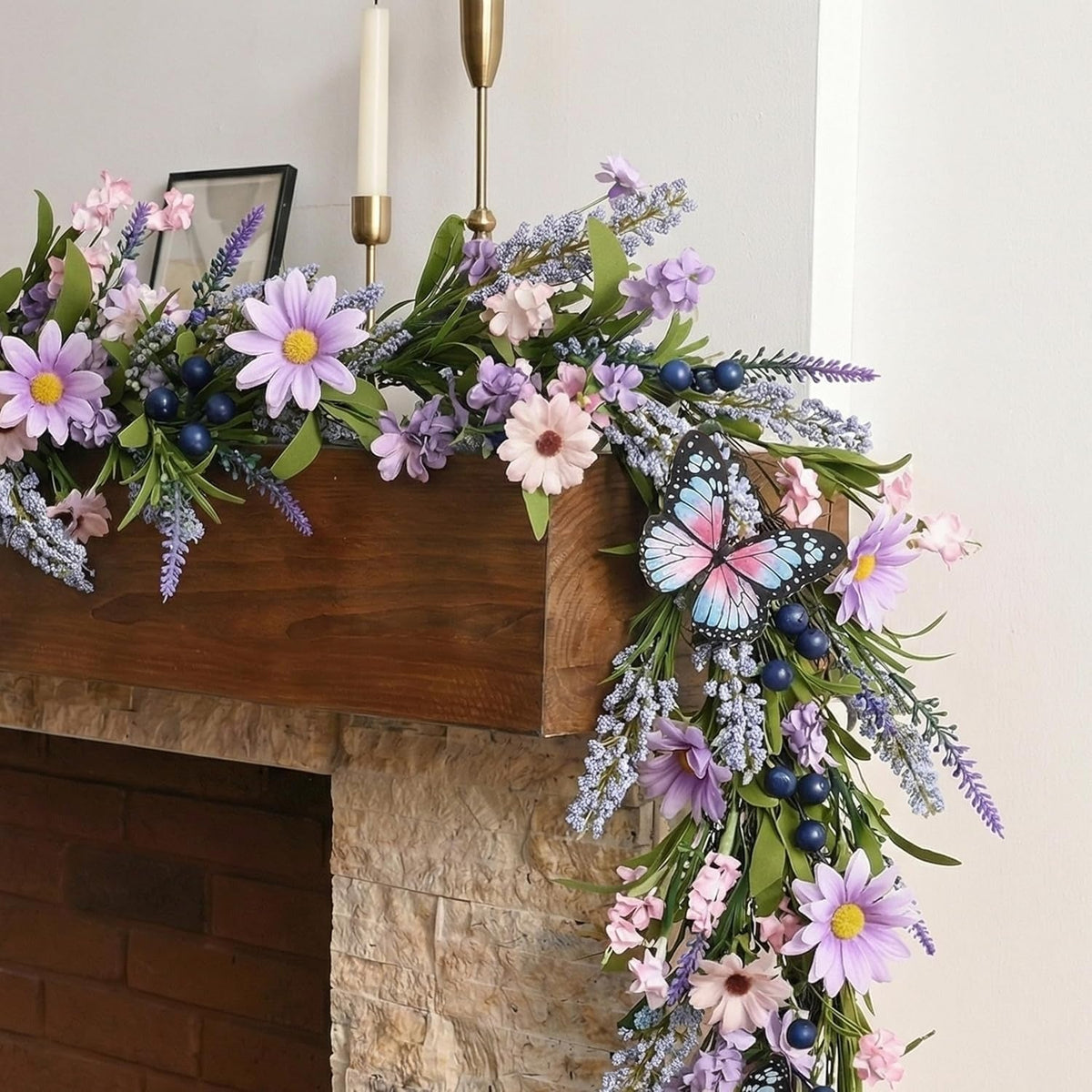 Purple lavender daisy butterfly floral garland matching spring wreath for rustic fireplace mantel decor