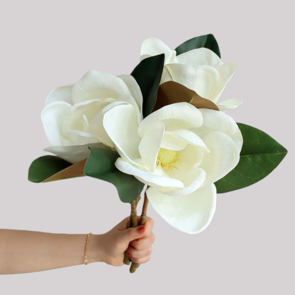 Faux Magnolia Flower in White Bouquet - 15.75"