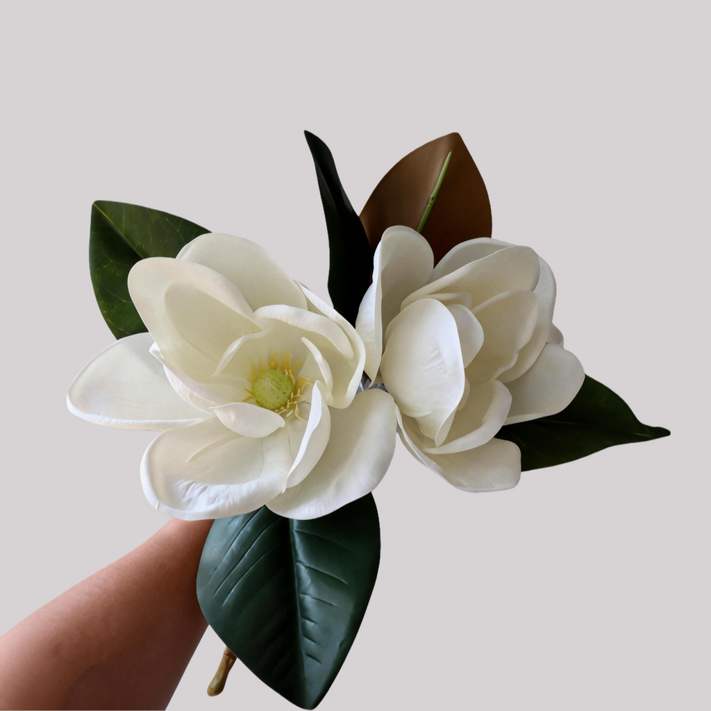 Faux Magnolia Flower in White Bouquet - 15.75"