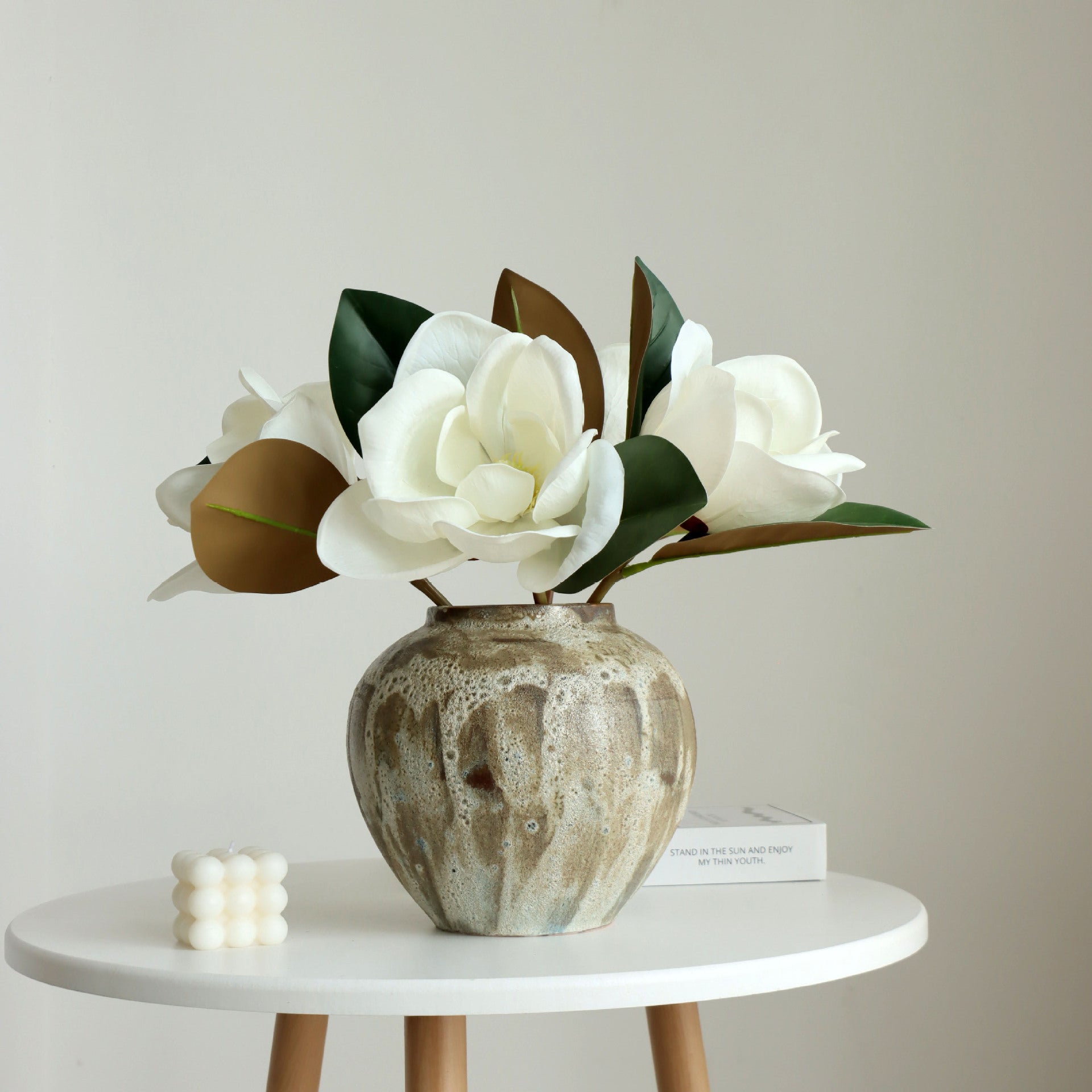 Faux Magnolia Flower in White Bouquet - 15.75"