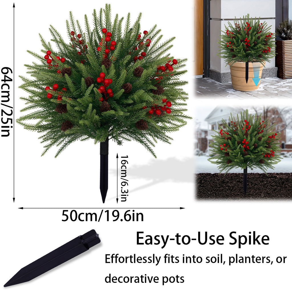25 inch dense evergreen best artificial tree with red berries & pinecones, spike base for pots and yard soil