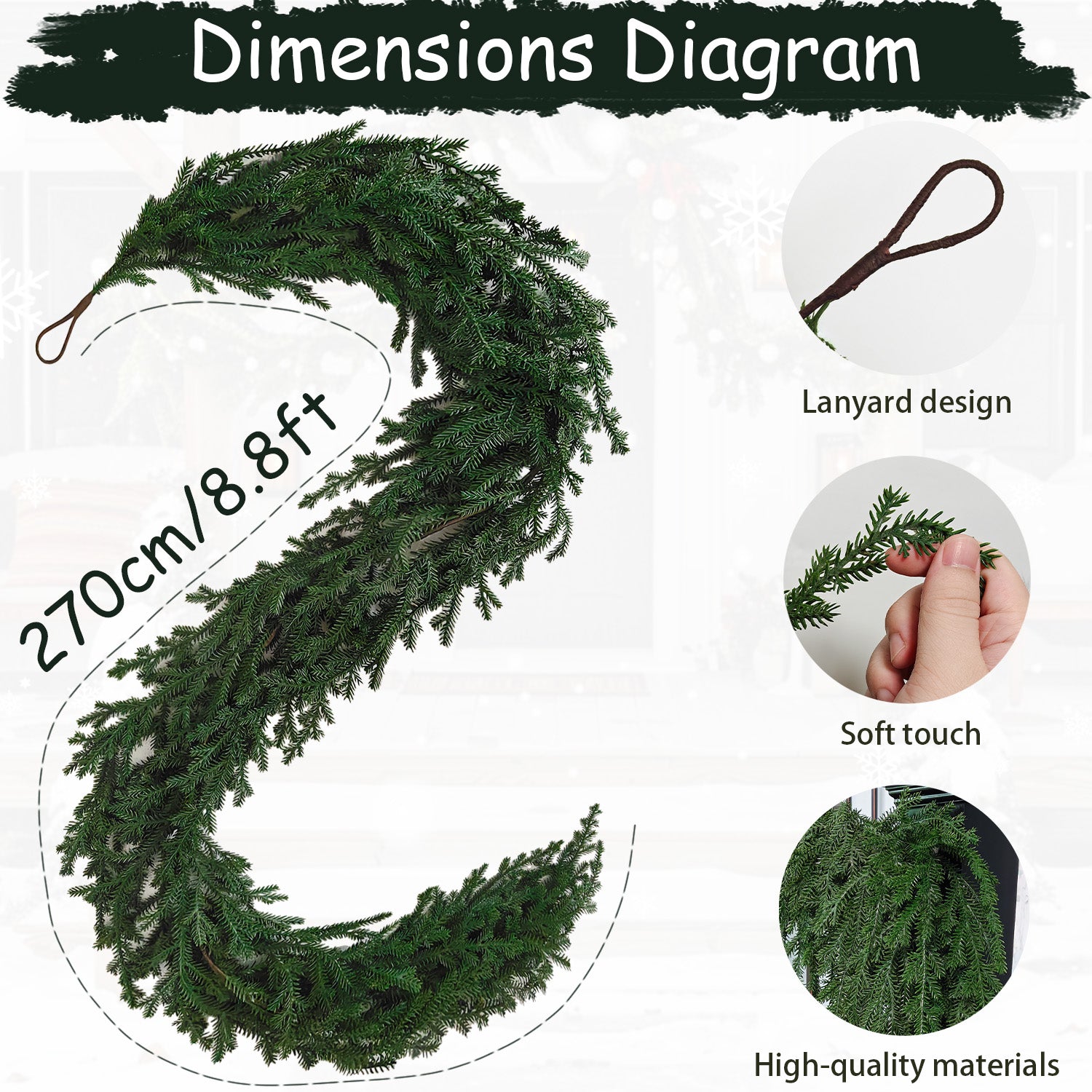 270cm lush green pine christmas garlands S curve design with lanyard, soft touch evergreen branches for holiday decor