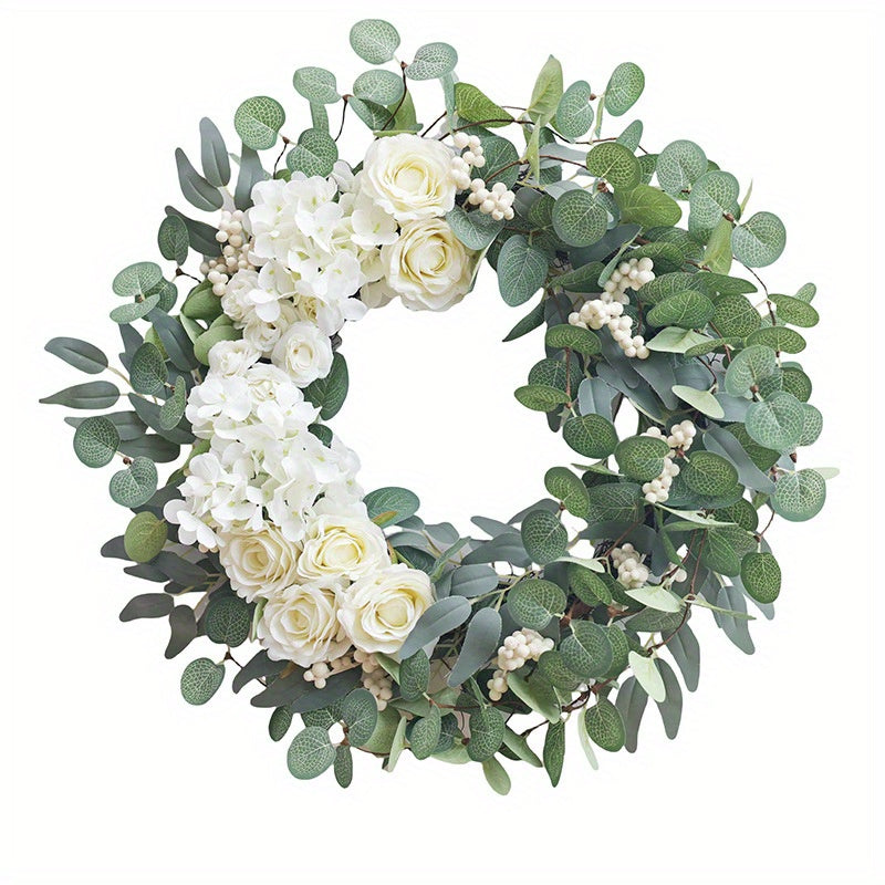 Fake White Rose Wreath Spring Summer - 24"