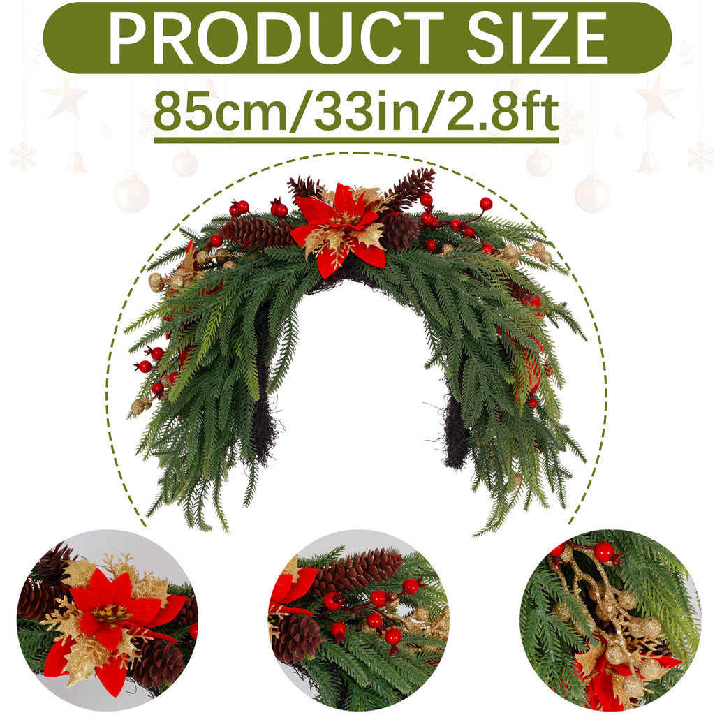 Versatile arch laurel wreath 33 inch size chart showcasing poinsettia, pinecone and red berry components