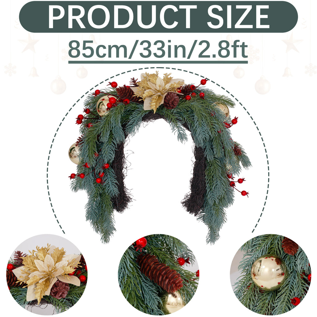 33 inch bendable arch large wreath with gold poinsettia, shiny baubles, red berries and natural pinecones