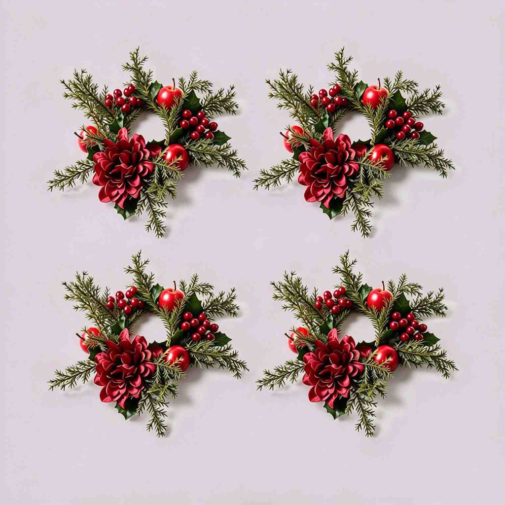 4 pack burgundy dahlia Christmas candle rings with red apples, berries and evergreen foliage on light grey background, no candle included