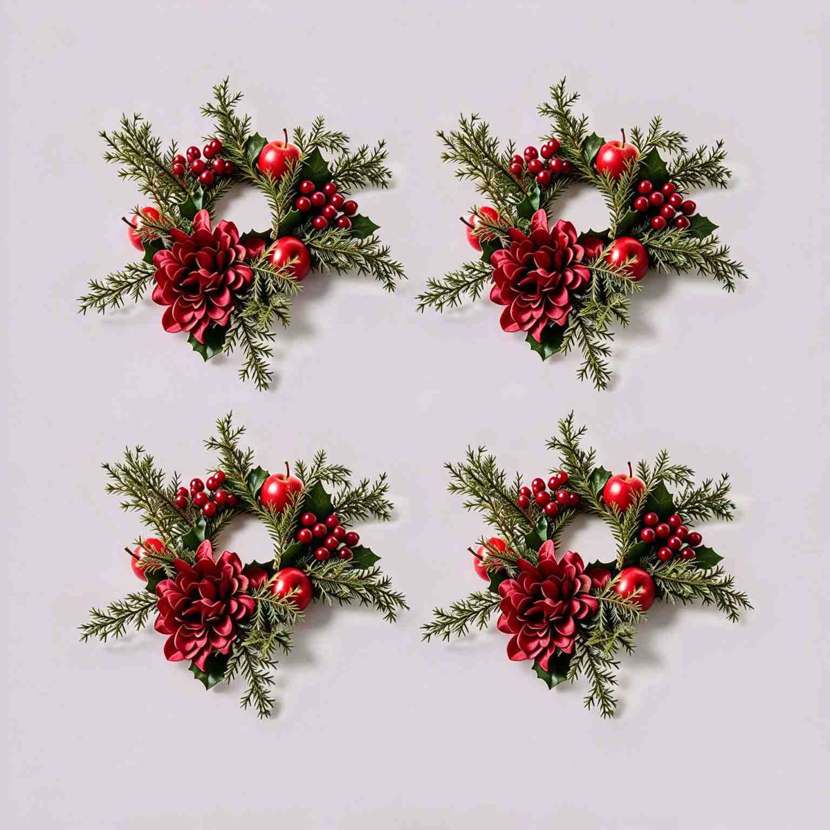 4 pack burgundy dahlia Christmas candle rings with red apples, berries and evergreen foliage on light grey background, no candle included