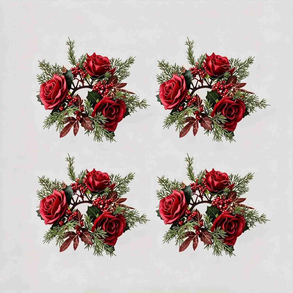 4 pack artificial burgundy rose candle rings with red berries and cypress greenery, product flat shot on light grey background
