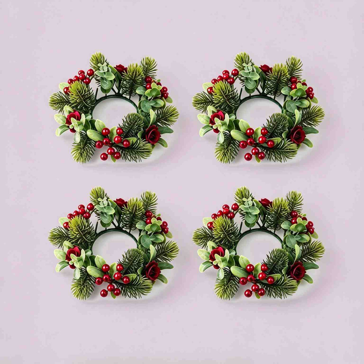 4 pack christmas candle ring wreath with red berries, artificial burgundy roses, eucalyptus leaves and pine sprigs on light grey background