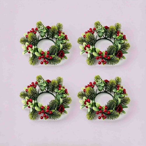 4 pack christmas candle ring wreath with red berries, artificial burgundy roses, eucalyptus leaves and pine sprigs on light grey background