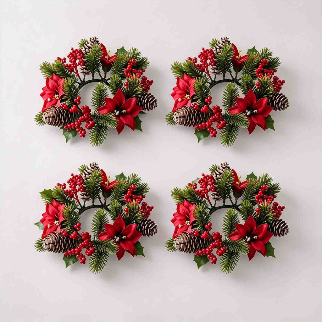 4 pack christmas candle ring wreath with red poinsettia, red berries and frosted pine cones, flat lay product display