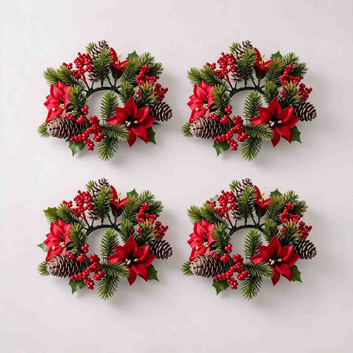 4 pack christmas candle ring wreath with red poinsettia, red berries and frosted pine cones, flat lay product display