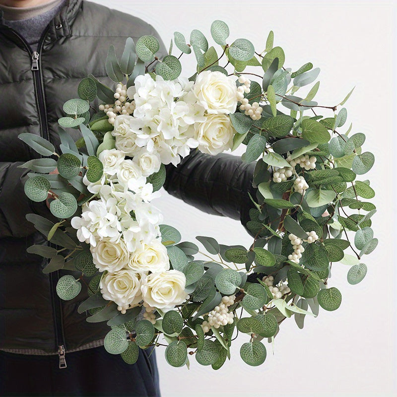Fake White Rose Wreath Spring Summer - 24"