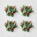 4 pack artificial Christmas candle rings with eucalyptus, pinecones and red berries, product collage on light grey background