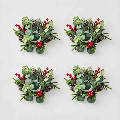 4 pack artificial Christmas candle rings with eucalyptus, pinecones and red berries, product collage on light grey background
