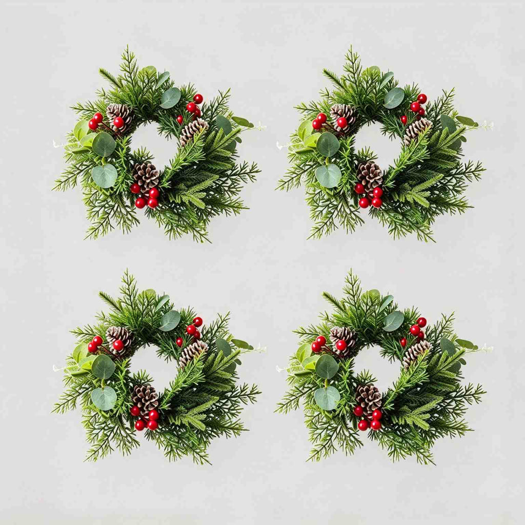 4 pack artificial Christmas candle rings with eucalyptus, pine cones and red berries, product collage on light grey background