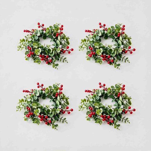 4 pack artificial eucalyptus red berry candle rings, product collage on light grey plain background