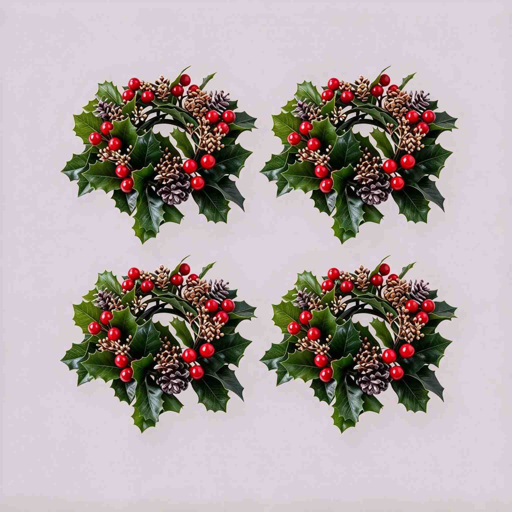 Set of 4 artificial Christmas holly candle rings with bright red berries and frosted pinecones, mini wreaths for holiday table decor
