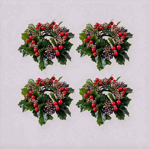 Set of 4 artificial Christmas holly candle rings with bright red berries and frosted pinecones, mini wreaths for holiday table decor