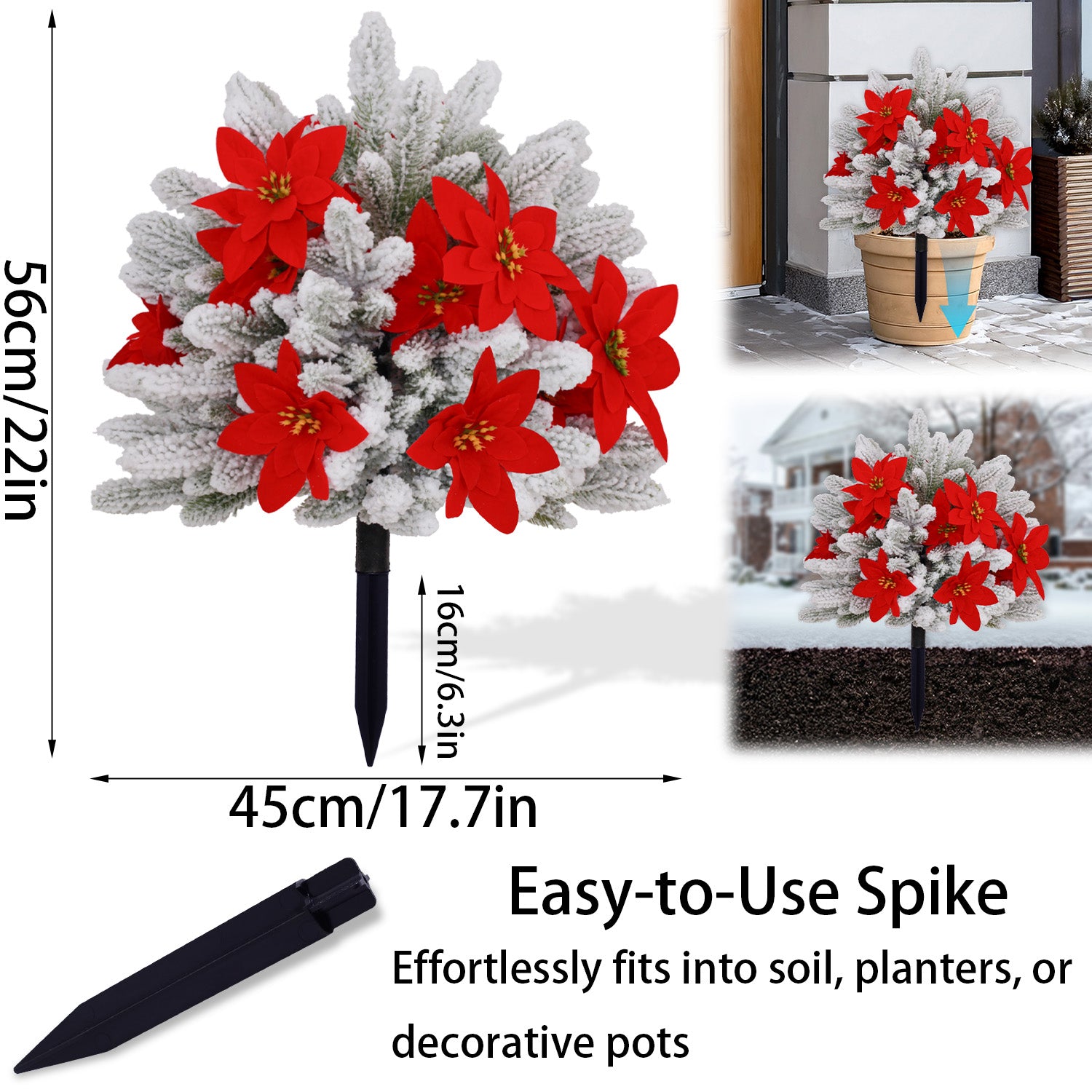 Mini flocked christmas tree with red poinsettia flowers, spike design fits planters, soil and front entryway