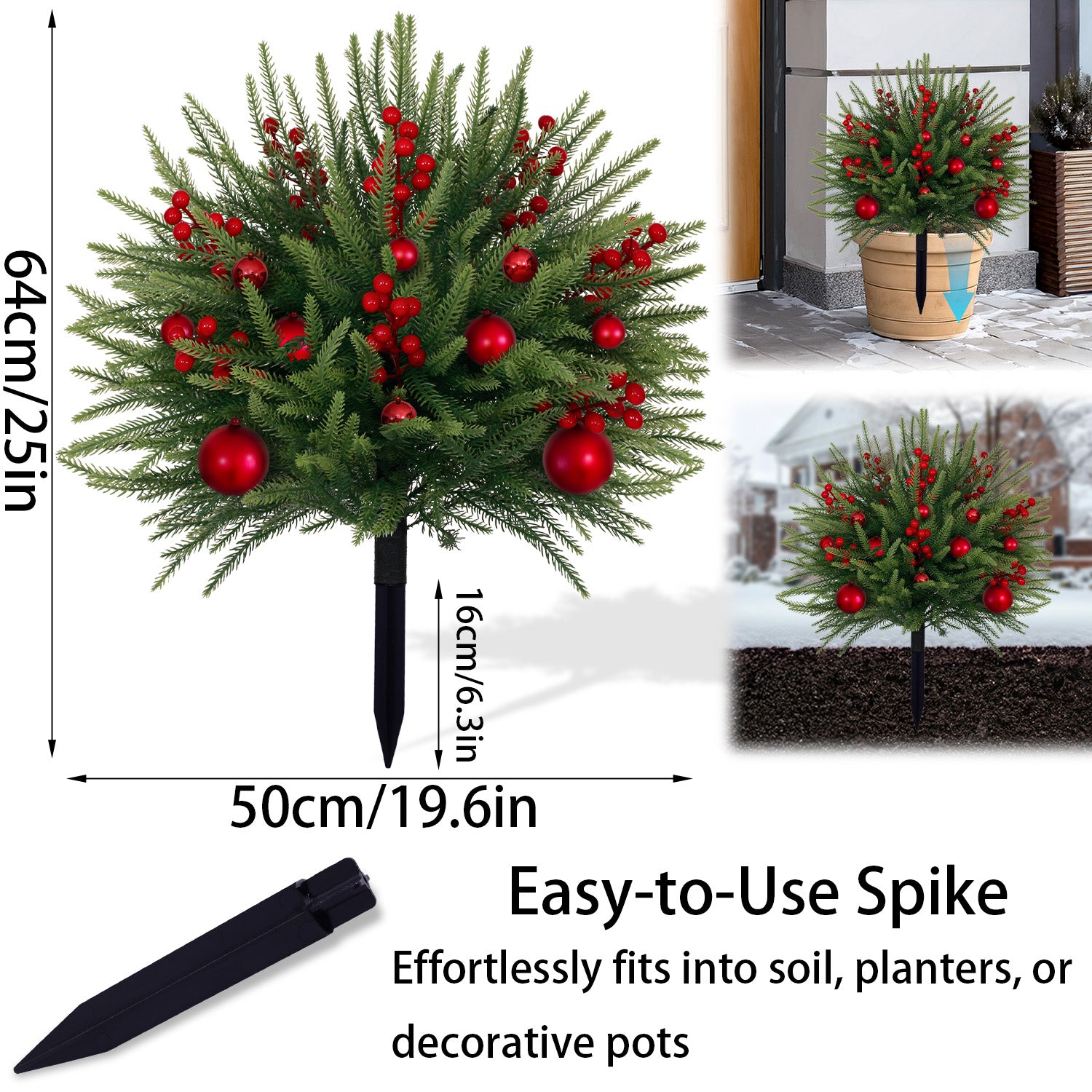 64cm all weather best artificial tree with red ball decor, detachable spike fits pots and yard soil