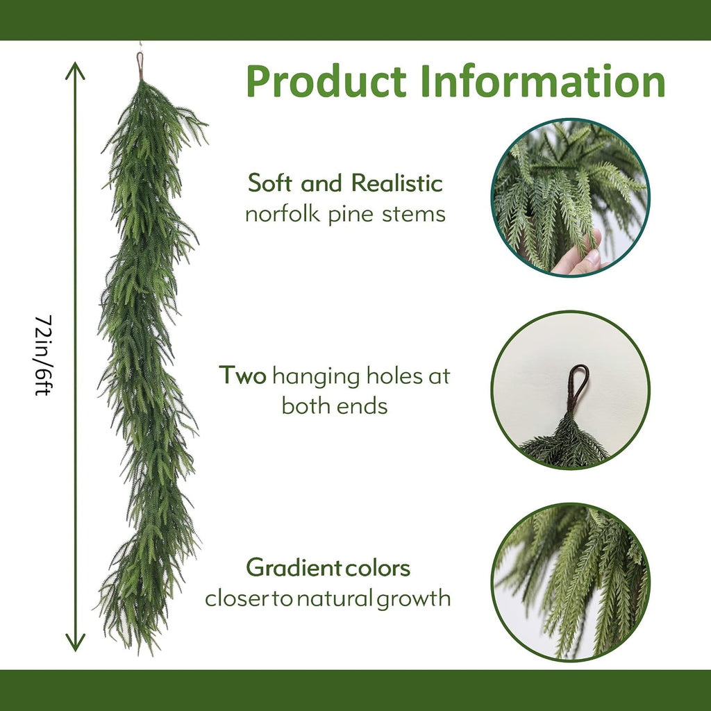 6ft real touch Norfolk Pine Garland product info chart showing texture hanging holes and natural gradient foliage