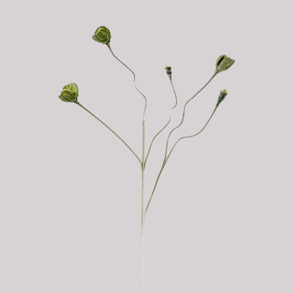 Soft flocked fuzzy green poppy bud stems, rustic farmhouse artificial flower for vase shelf home decor