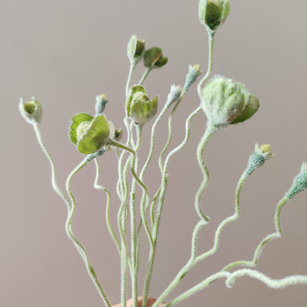 Flocked fuzzy green poppy bud stems, rustic farmhouse artificial flower for mantel & vase decor