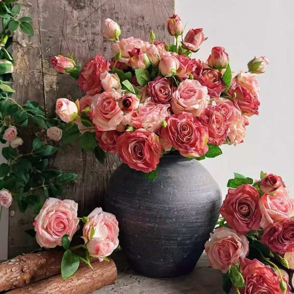Two tone dusty red pink rose bouquet fake flowers in rustic gray vase for vintage farmhouse home table decor