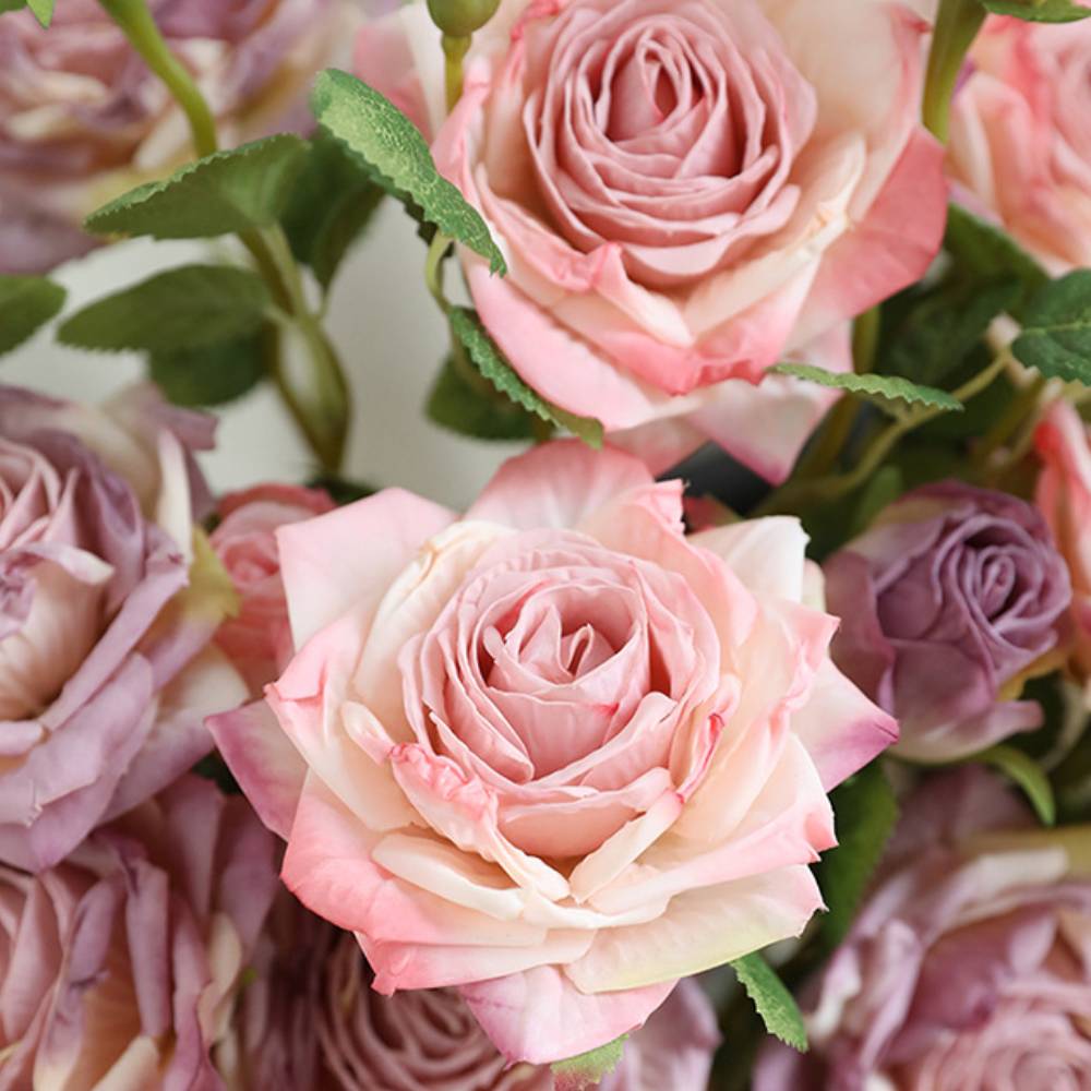 Close up detail of blush dusty pink rose blooms fake flowers for farmhouse interior flower arrangement