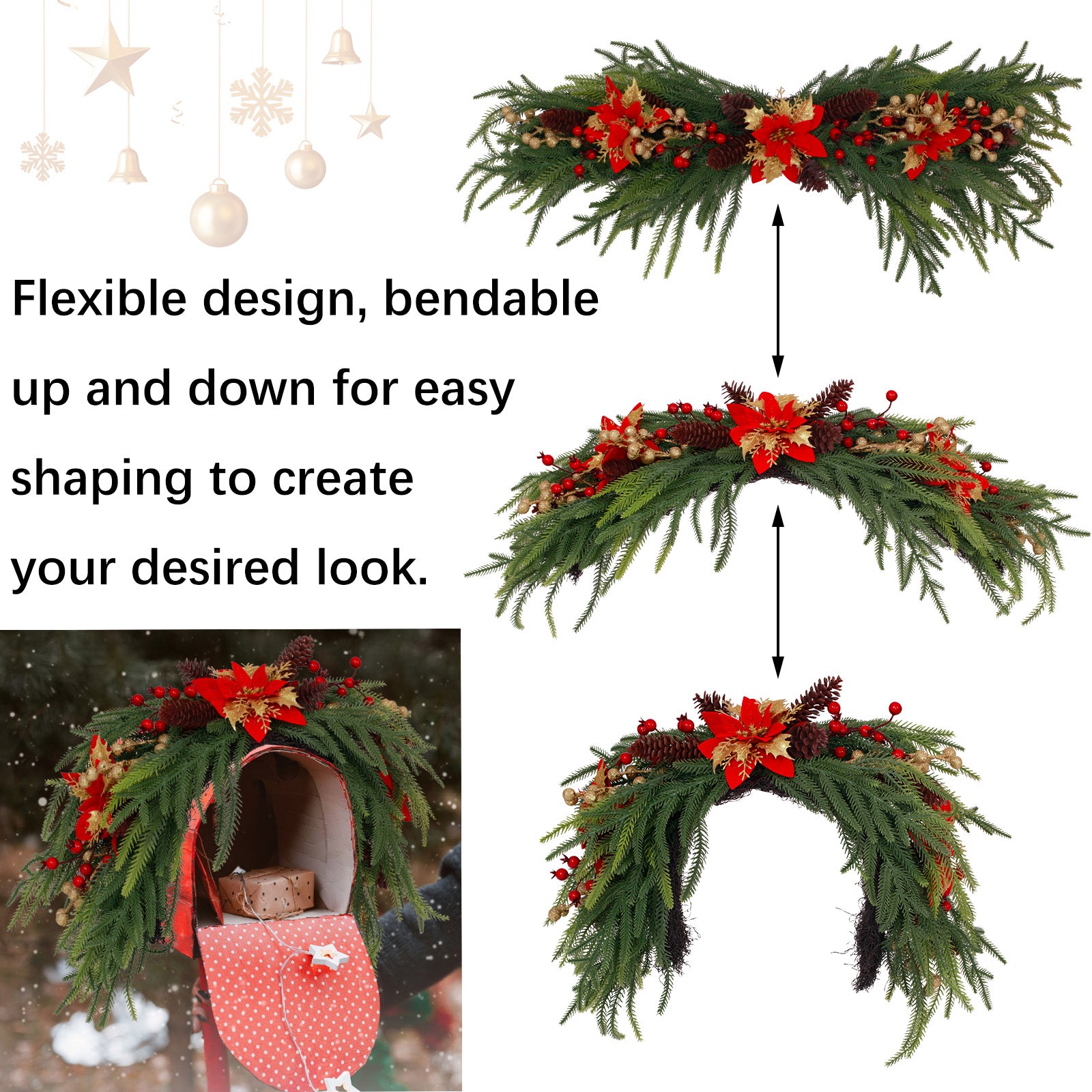 Flexible adjustable pine door wreath multi-scene display for mailbox, window, front door & fireplace mantel