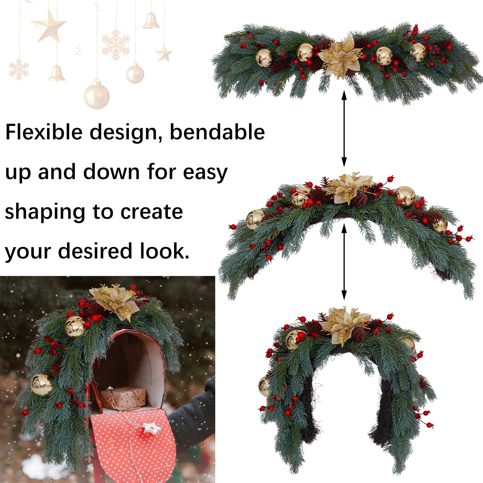 Adjustable flexible pine door wreath multi shape design fits mailbox, entry door and window decor