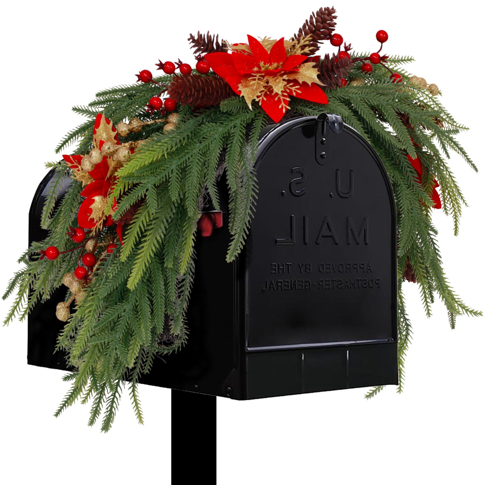 Durable bendable pine outdoor wreath with poinsettia accents custom designed for curbside mailboxes