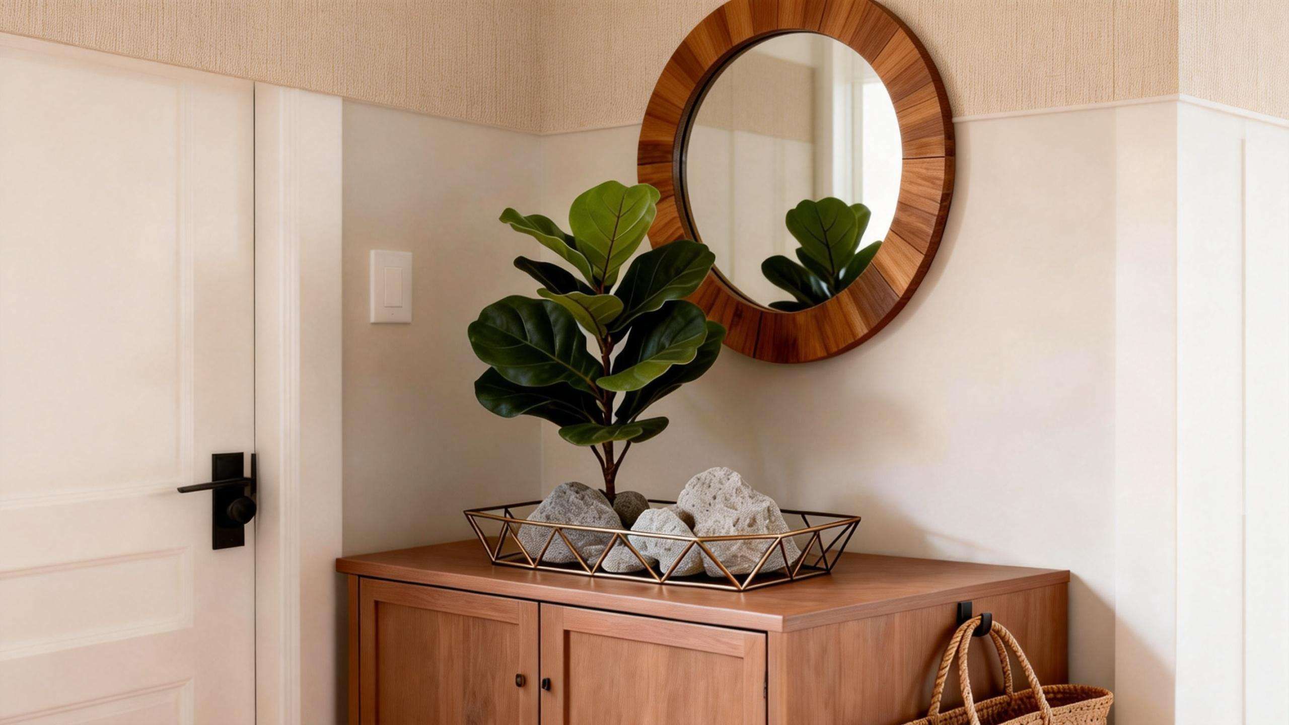 Artificial fiddle leaf fig plant in gold geometric tray styled on wood entryway cabinet with round mirror decor