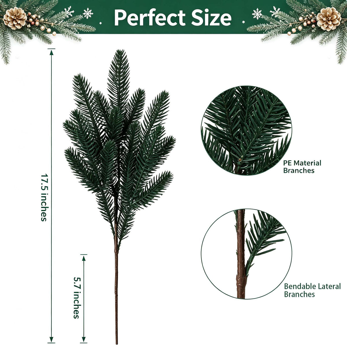 Artificial norfolk pine product size infographic showing 17.5 inch stem dimensions PE material branches and bendable lateral branches for christmas greenery ecommerce